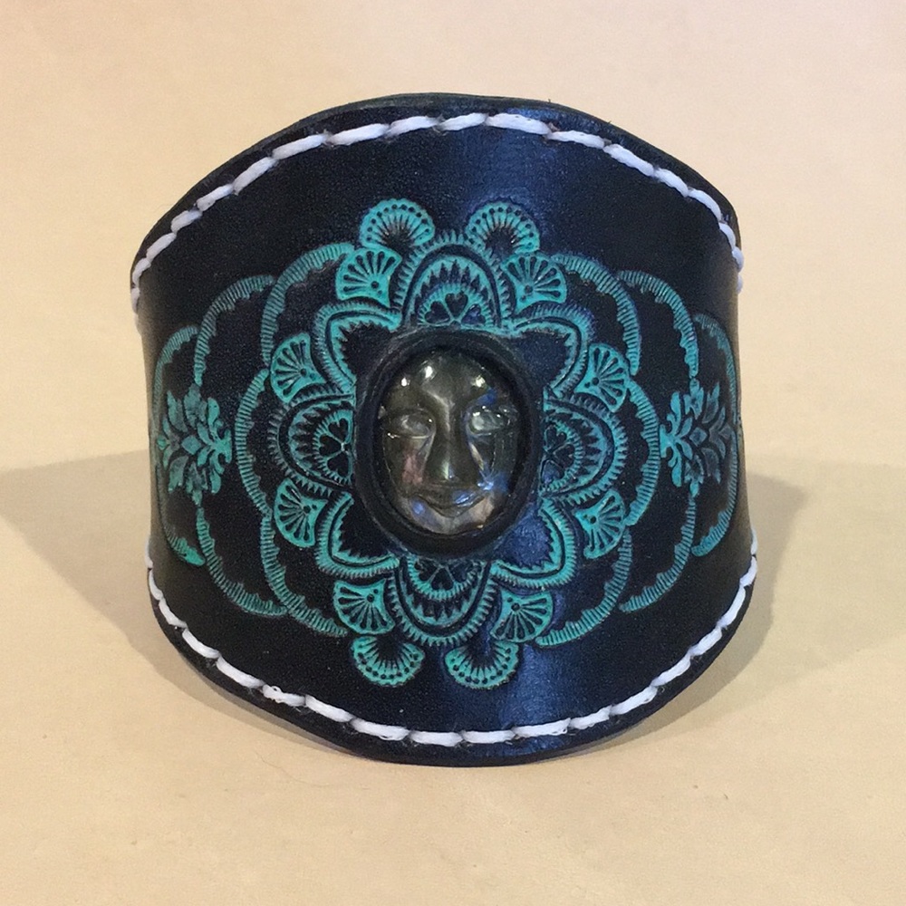Tooled Leather Cuff Bracelet Carved Labradorite Face Inlay Boho Mandala Style